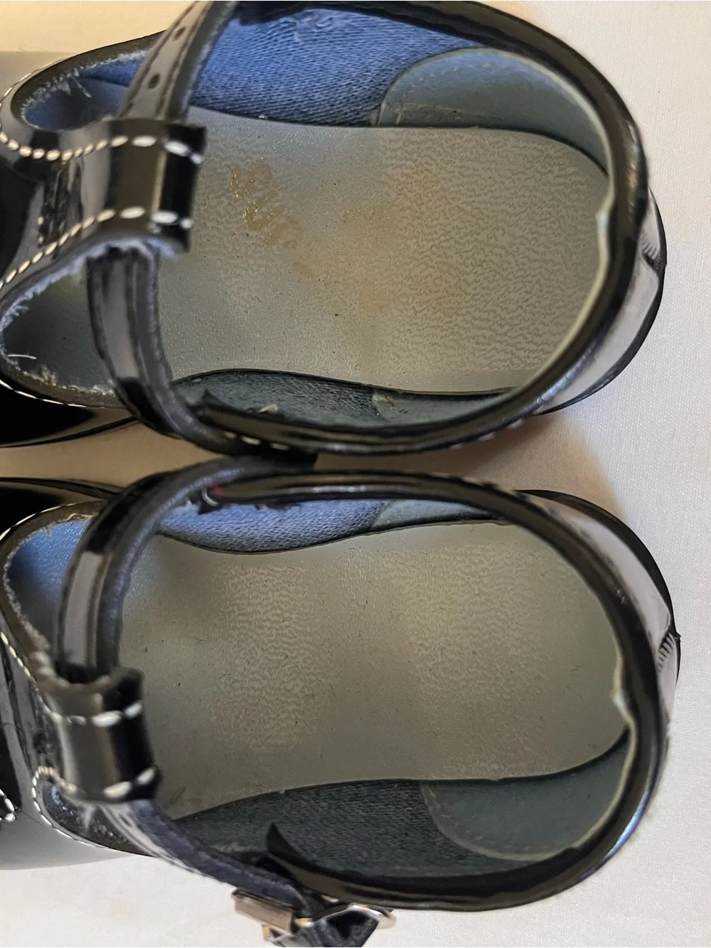 Vintage Black Patent T-Strap Mary Jane Baby Shoes Floral Cutout